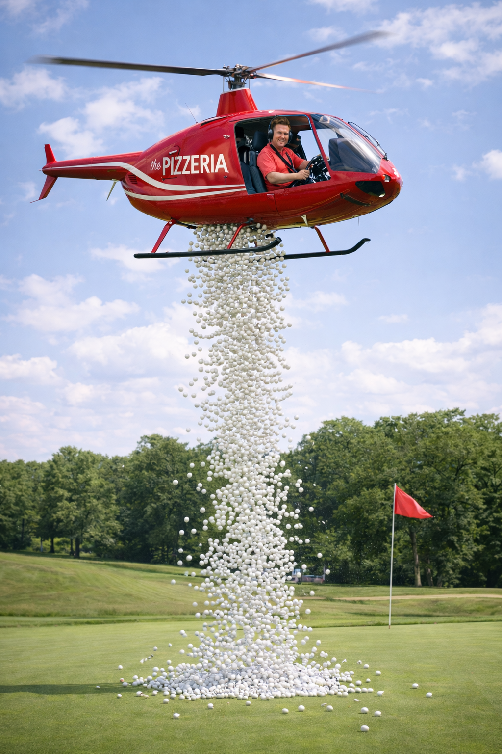 The Pizzeria helicopter dropping 800 golf balls onto the green